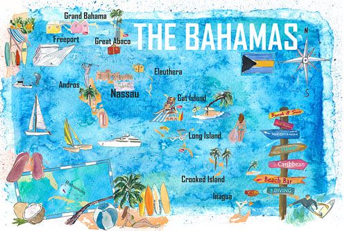 Carte de voyage illustrée des Bahamas avec les points forts