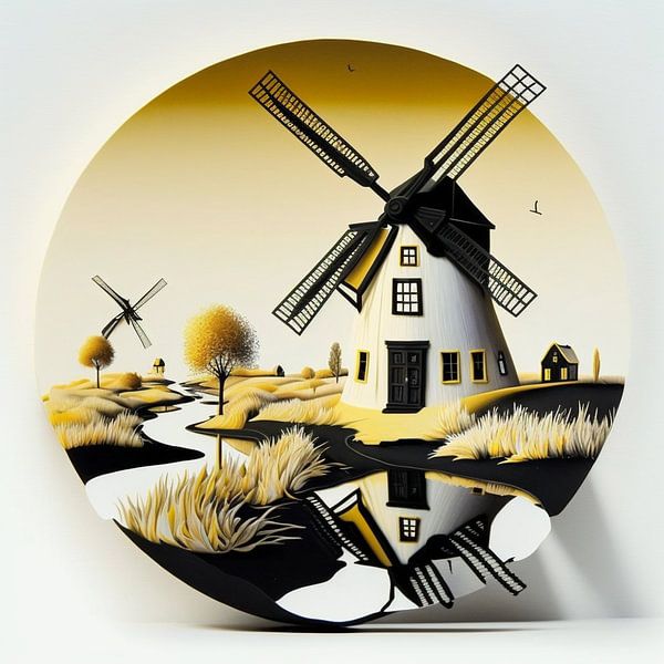 Flämische Windmühle Porzellan gelb Schwarz weiss surreal von gm_designs