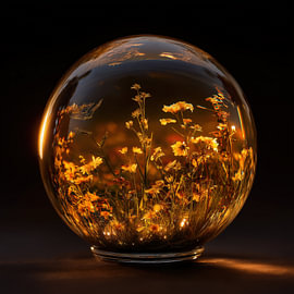 Fleurs des champs jaunes aux reflets dorés dans une boule de verre