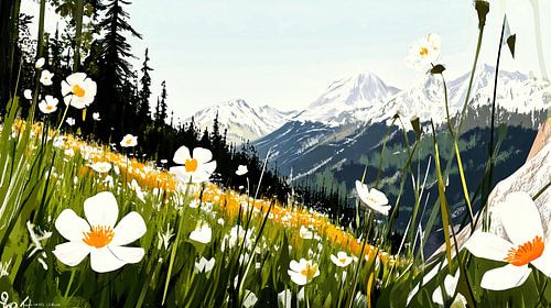 Fleurs sauvages en fleur dans un décor de montagne