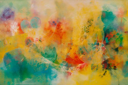 Abstract schilderij,  geel, groen, rood