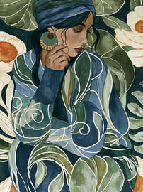 Femme en bleu et vert