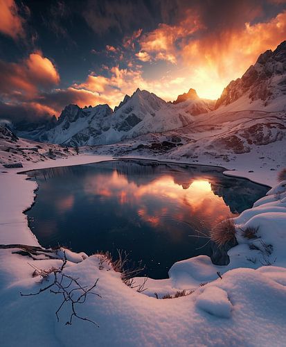 Mountain lake landscape embraced by snow