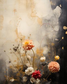 Bloemen tegen een abstracte achtergrond in wabi-sabi stijl van Carla Van Iersel