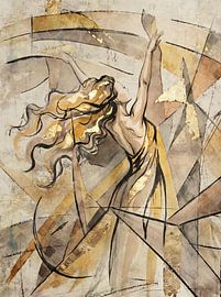 Abstraktes Kunstwerk mit geometrischen Formen in Gold, Gelb, Taupe und Bronze von Emiel de Lange