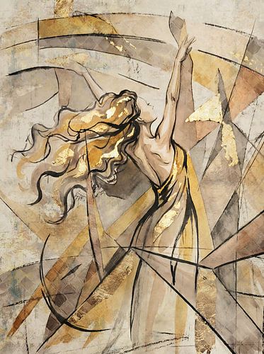 Abstract kunstwerk met geometrische vorm in goud geel taupe en brons