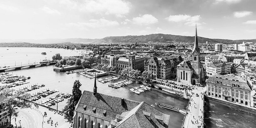 Zürich en het meer van Zürich in vogelvlucht - monochroom van Werner Dieterich