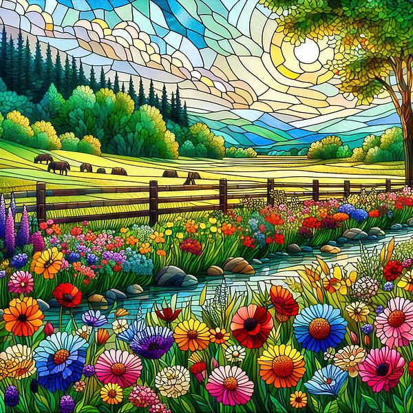 Wiese und Blumen. Im Stil der Glasmalerei von Digital Art Nederland