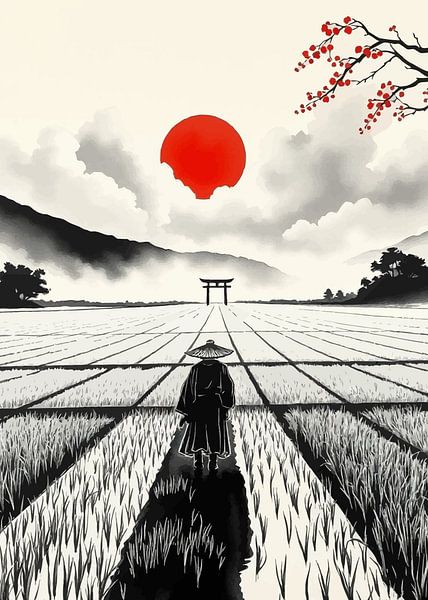 Japanese Rice Field Landscape with Samurai by MIROKKU