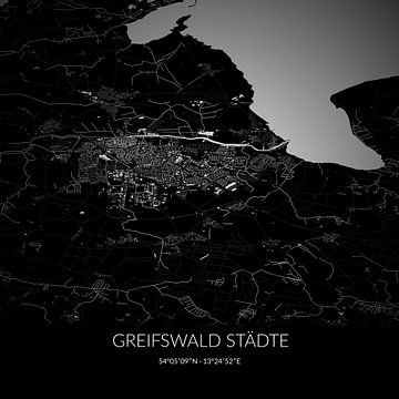 Zwart-witte landkaart van Greifswald Städte, Mecklenburg-Vorpommern, Duitsland. van Rezona