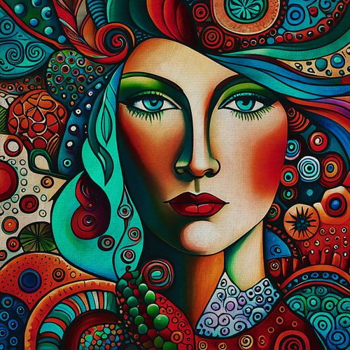 Portret van een dame in uitbundige kleuren