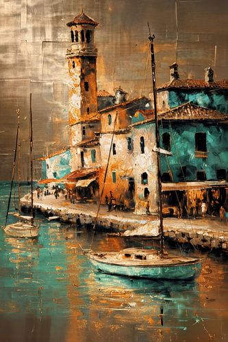 Impressionistic coastal village with sailboats and lively buildings