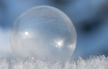 bevroren zeepbel voor blauwe lucht op sneeuw