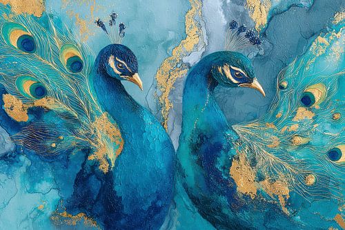 Twee blauwe pauwen met gouden accenten