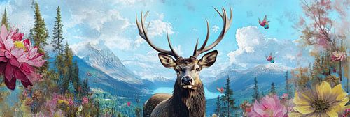 Betoverend hert in een magische bloemenwereld met vlinders