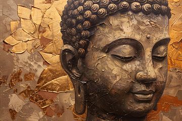 Abstracte Boeddha met serene blik en gouden bladeren van De Muurdecoratie