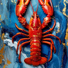 Kreeft - Rode kreeft met grote scharen in felrood en glinsterend goud op gemarmerd blauw - uit een reeks schaaldieren van AidasignArt