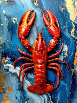 Kreeft - Rode kreeft met grote scharen in felrood en glinsterend goud op gemarmerd blauw - uit een reeks schaaldieren