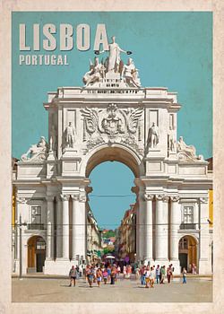 Vintage travel poster. Lisbon, Portugal. Arco da Rua Augusta Street Triumphal Arch by Praca do Comercio