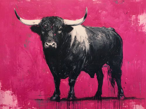 Taureau noir sur fond rose