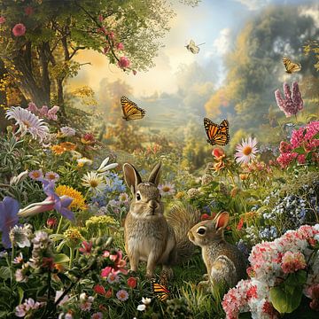 Haal de lente in huis met dit konijntje in een bloemenveld van Mel Digital Art