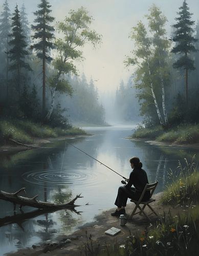 Alleen vissen in een rustige rivier