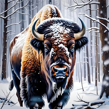 Wilde dieren - Portret van een bizon (2) van Johanna's Art