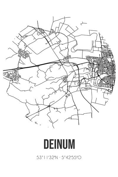 Deinum (Fryslan) | Map | Black and white by Prints of Place