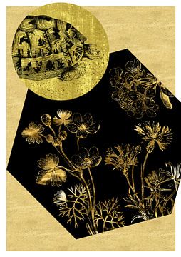 Schildpad en bloemen op goud van Jadzia Klimkiewicz