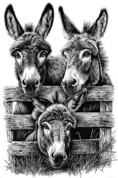 Illustration vintage détaillée représentant trois ânes
