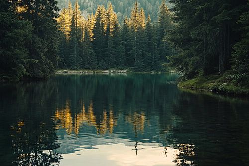 Spiegelend meer in groene bossen