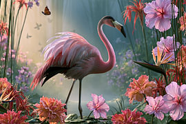 Flamant rose et fleurs tropicales
