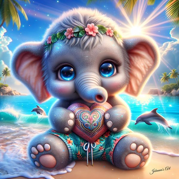 Cute Elephant on a tropical beach 1 by Johannas Art Creations