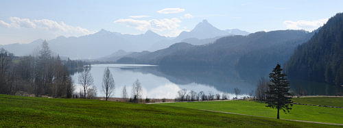 weissensee, see im morgenlicht vor den blauen bergen der bayerischen alpen bei füssen im allgäu, süd