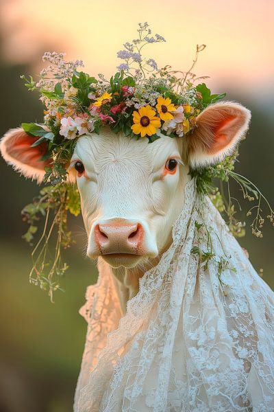 Cow in wedding dress with flower wreath by Poster Art Shop