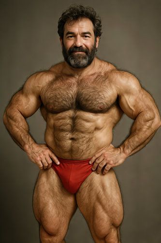 Man met baard en rood slipje, gespierd postuur, studioportret