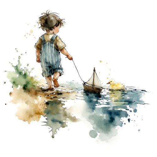 Kind speelt met bootje en eendje (AI) (kinderkamer, peuter, kleuter, schattig, strand, zomer, kuiken, buiten, spelen, kinderkunst)