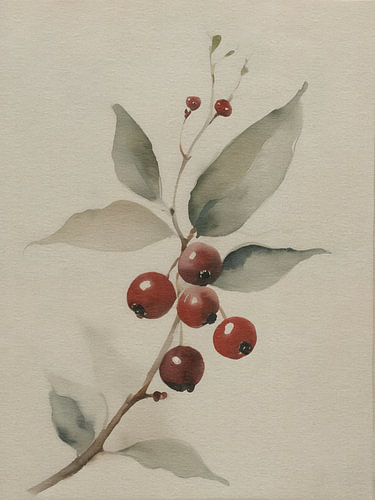 Botanische Rode Bessen in Pasteltinten – Natuurlijke Wanddecoratie