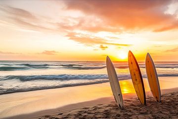 Surfboarden in het strandzand bij ondergaande zon van Vlindertuin Art