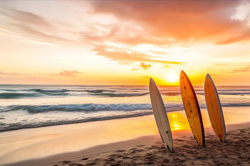 Surfbrettfahren im Strandsand bei Sonnenuntergang von Vlindertuin-Art