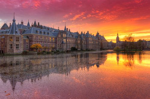 Le Binnenhof à La Haye se reflète dans le Hofvijver après le coucher du soleil.