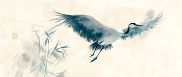 Elegante kraanvogel in vlucht - Aziatische inktkunst van Poster Art Shop