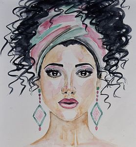 Aquarell Frau mit Stirnband rosa grün