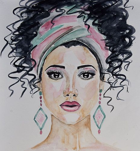 Aquarelle femme avec bandeau rose vert