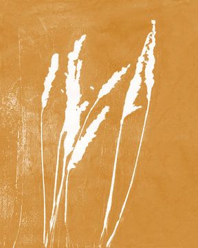 Gras in wit op okergeel. Botanische monoprint van Dina Dankers