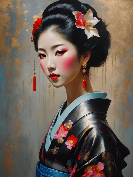 Een portret van de Japanse geisha in zwarte kimono van Jolique Arte