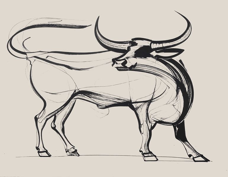Taureau - dessin minimaliste en beige et noir par Emiel de Lange