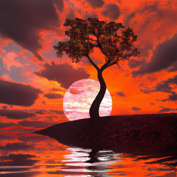 Impressive red sunset with tree by Maud De Vries