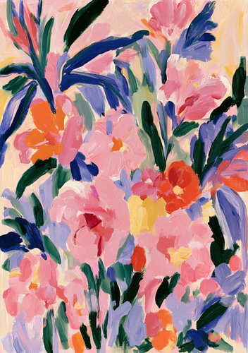 An abstract, colourful flower meadow in shades of pink, blue and orange