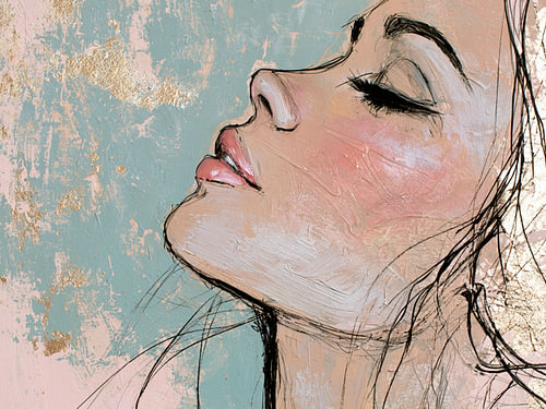 Portrait de femme rêveuse en rose et vert menthe